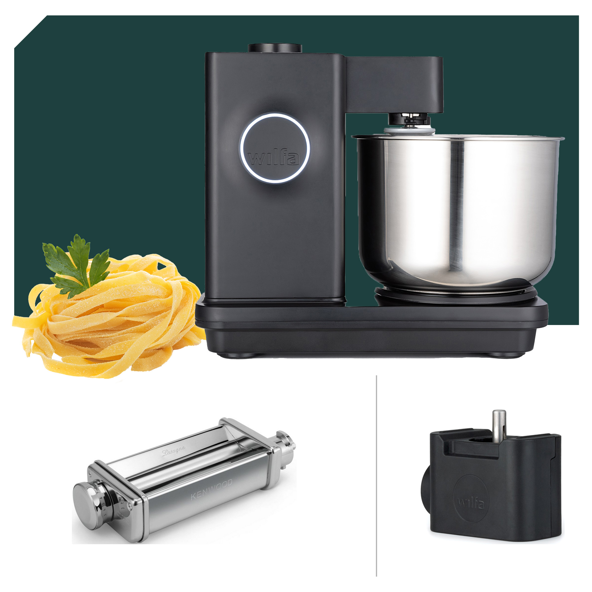 Küchenmaschinen Wilfa Probaker KM1B-70 und KM2B-T70 schwarz mit Pasta-Zubehör. 5 Jahre Garantie. Perfekt für selbstgemachte Pasta.