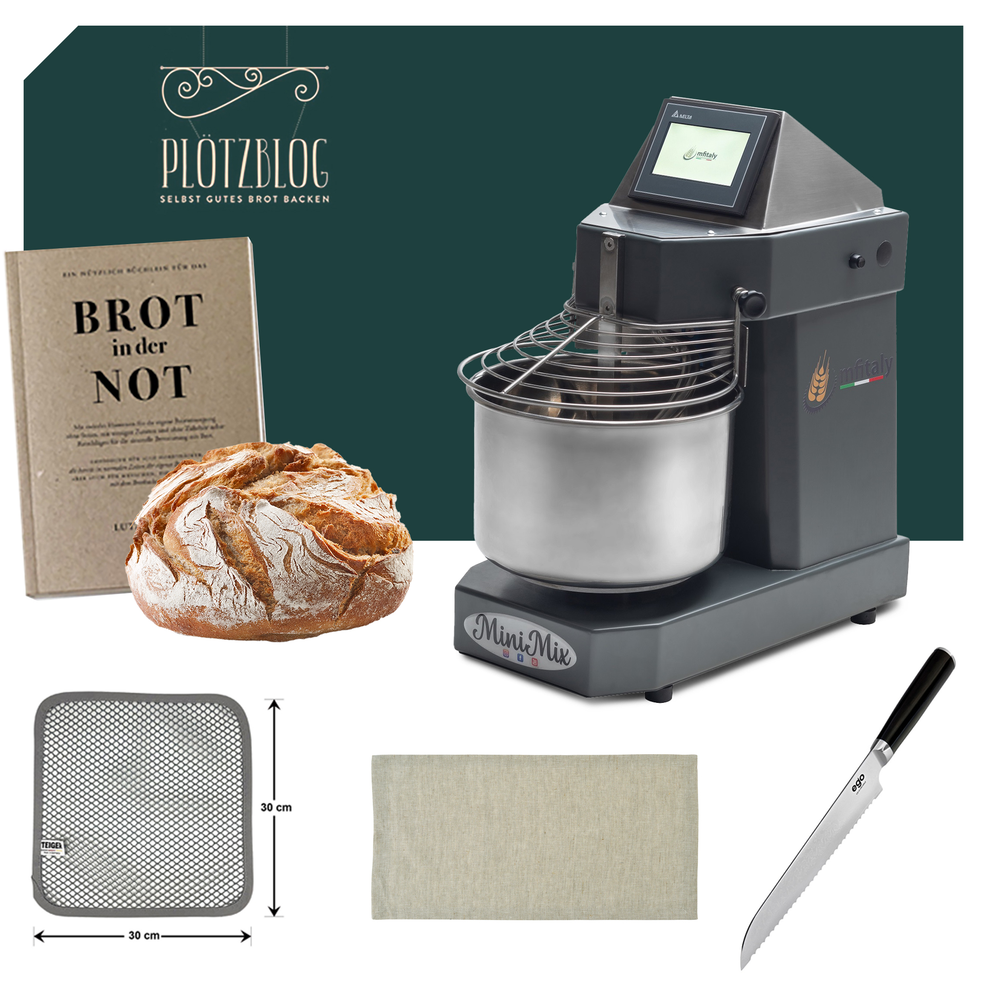 Küchenmaschinen und Zubehör: Brotback Paket MF Italy Minimix PRO 10 & PRO5, grau, Spiral Knetmaschinen, Backzubehör, langlebig, funktional.
