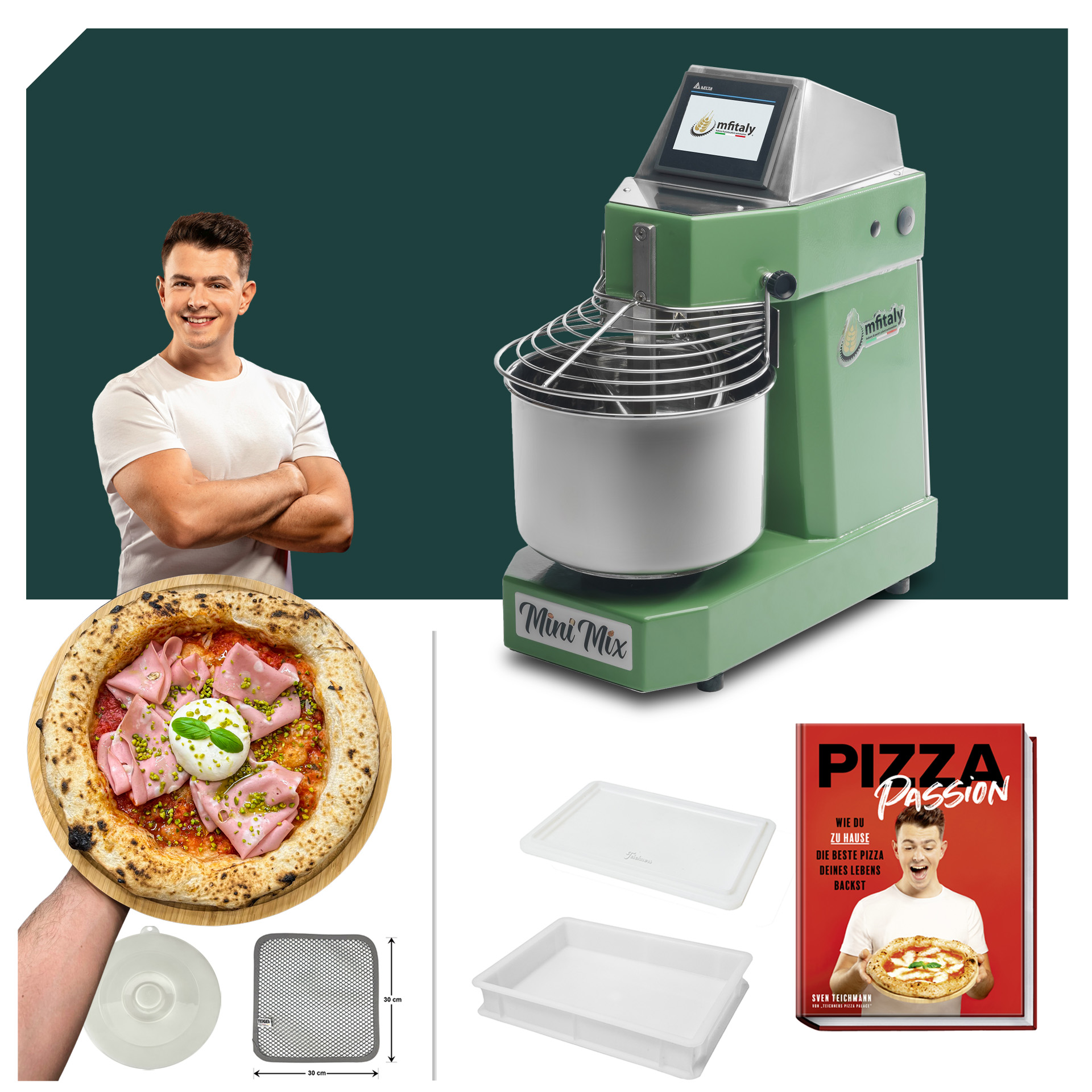 Küchenmaschinen und Zubehör für Pizza: MF Italy Minimix PRO 5 und 10, grüne Spiral-Knetmaschinen, ideal für Pizzabäcker.