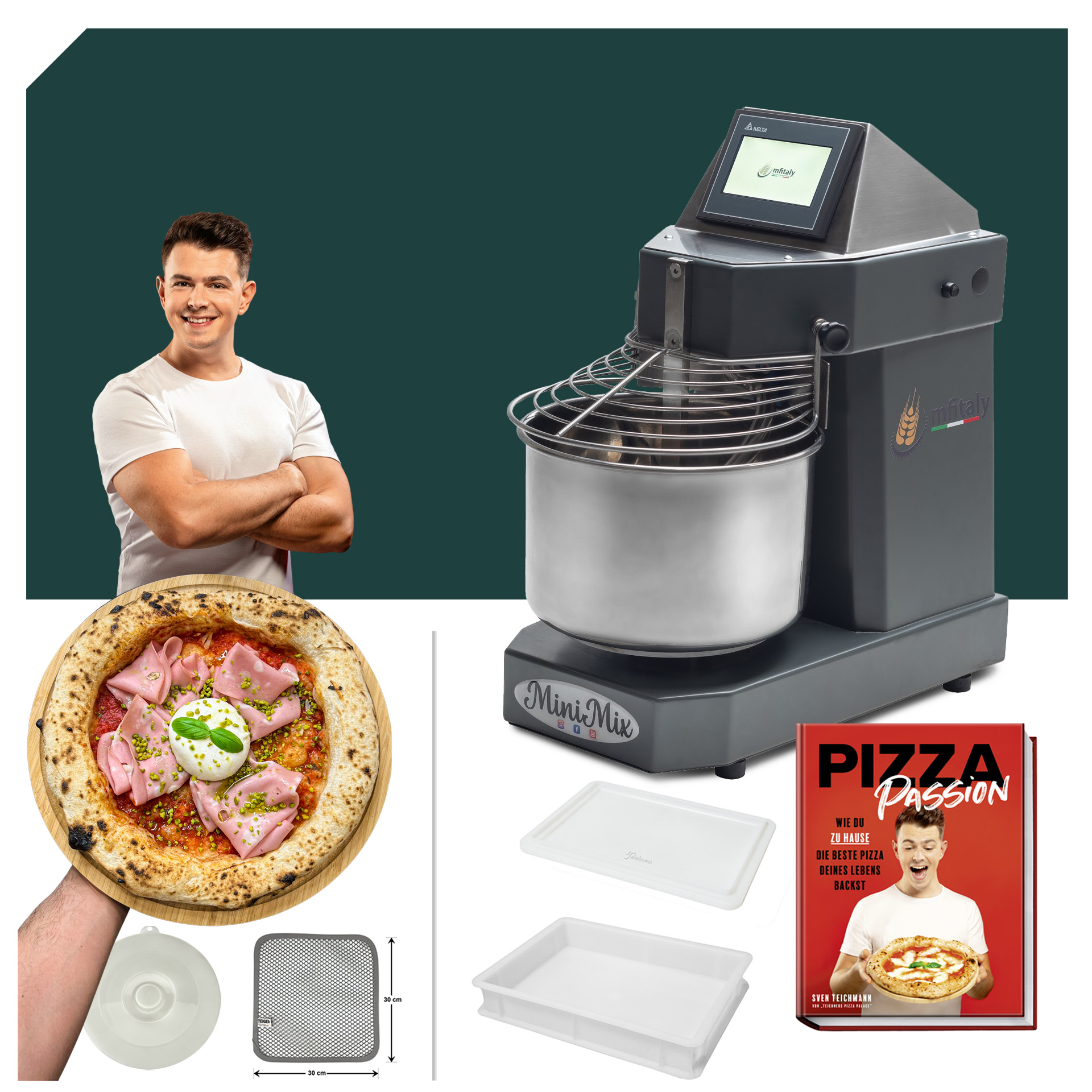 Küchenmaschinen Zubehör: Pizza Paket MF Italy Minimix PRO 5 & 10, grau, Spiral-Knetmaschine, hochwertige Verarbeitung für perfekte Pizzateige.