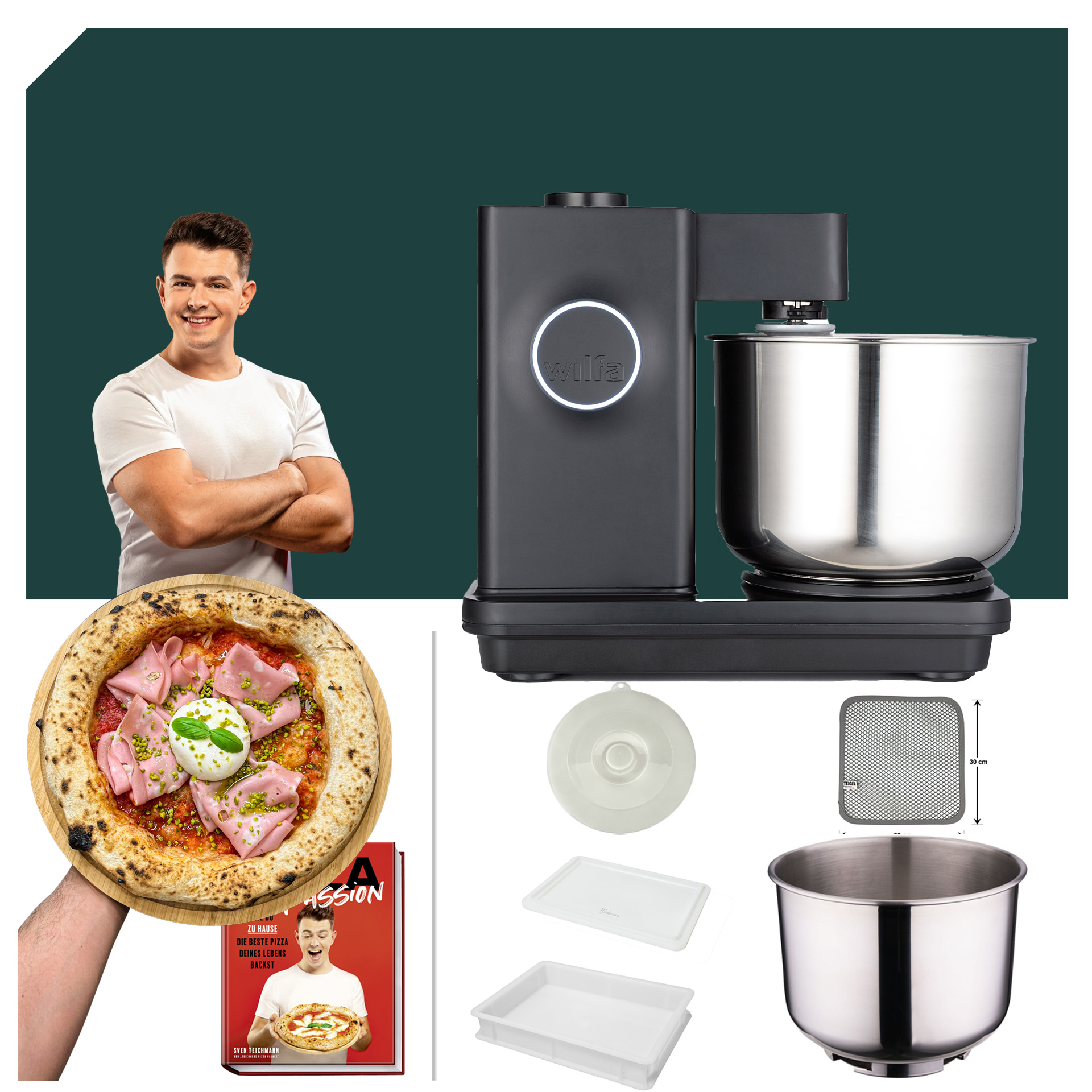 Küchenmaschine Wilfa Probaker TIMER KM2B-T70 in Schwarz mit 5 Jahren Garantie und Zubehör für Pizza-Zubereitung.