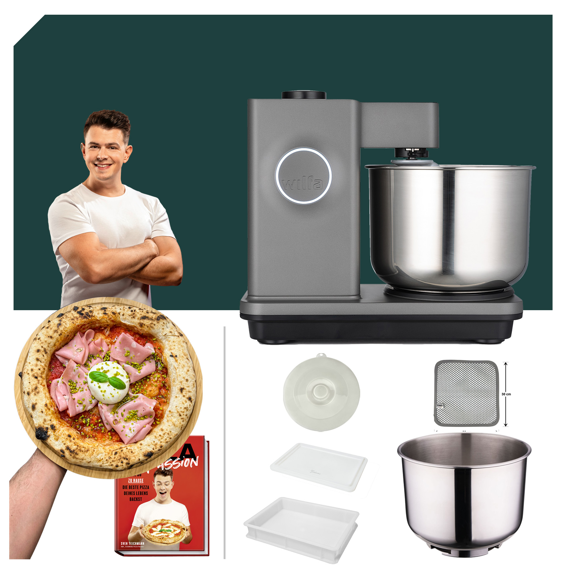 Wilfa Probaker TIMER KM2GY-T70 Küchenmaschine in Schwarz, ideal für Pizza, mit 5 Jahren Garantie und passendem Zubehör.