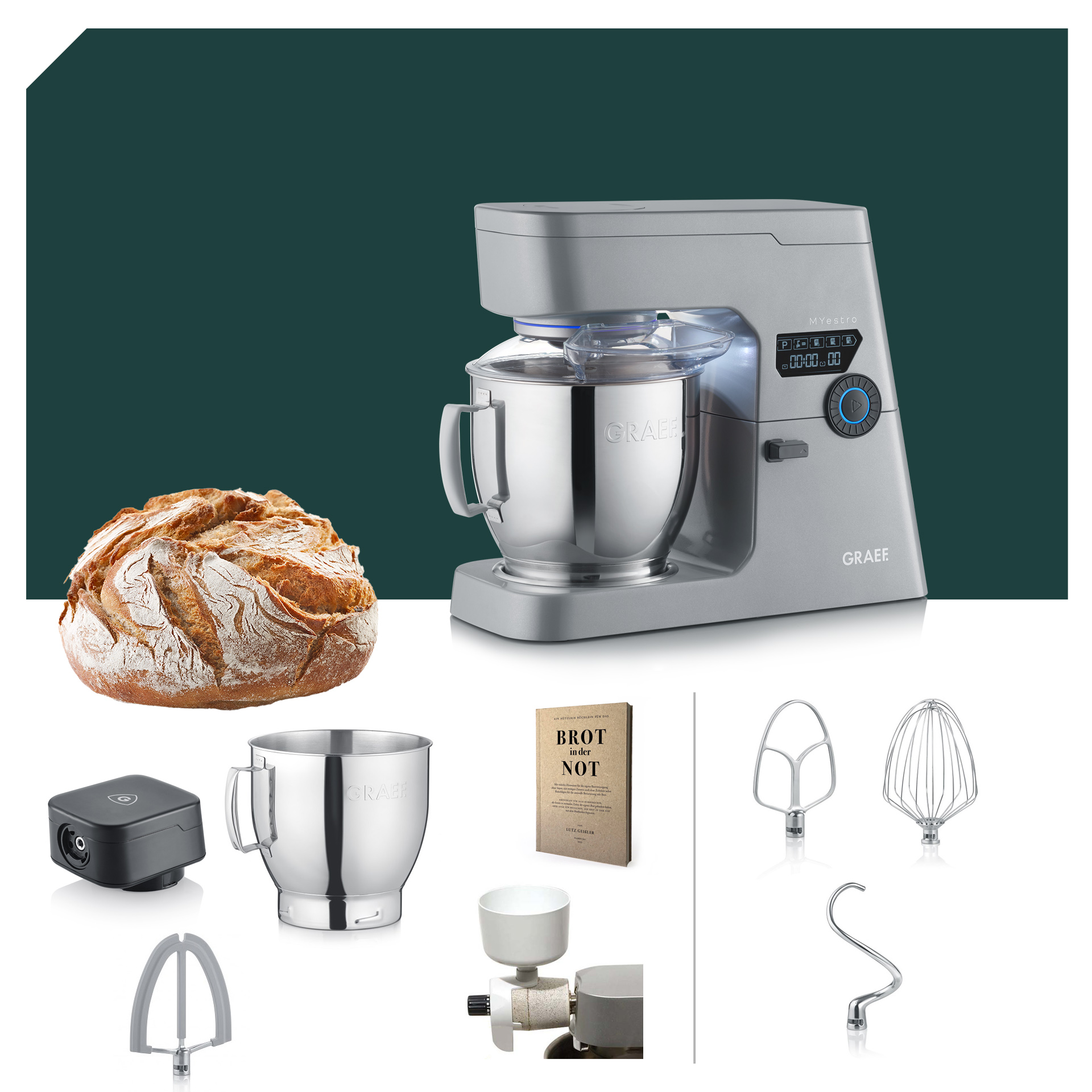 Brotback Deluxe Paket Graef MYestro Light Grey Küchenmaschine KM 7010EU 