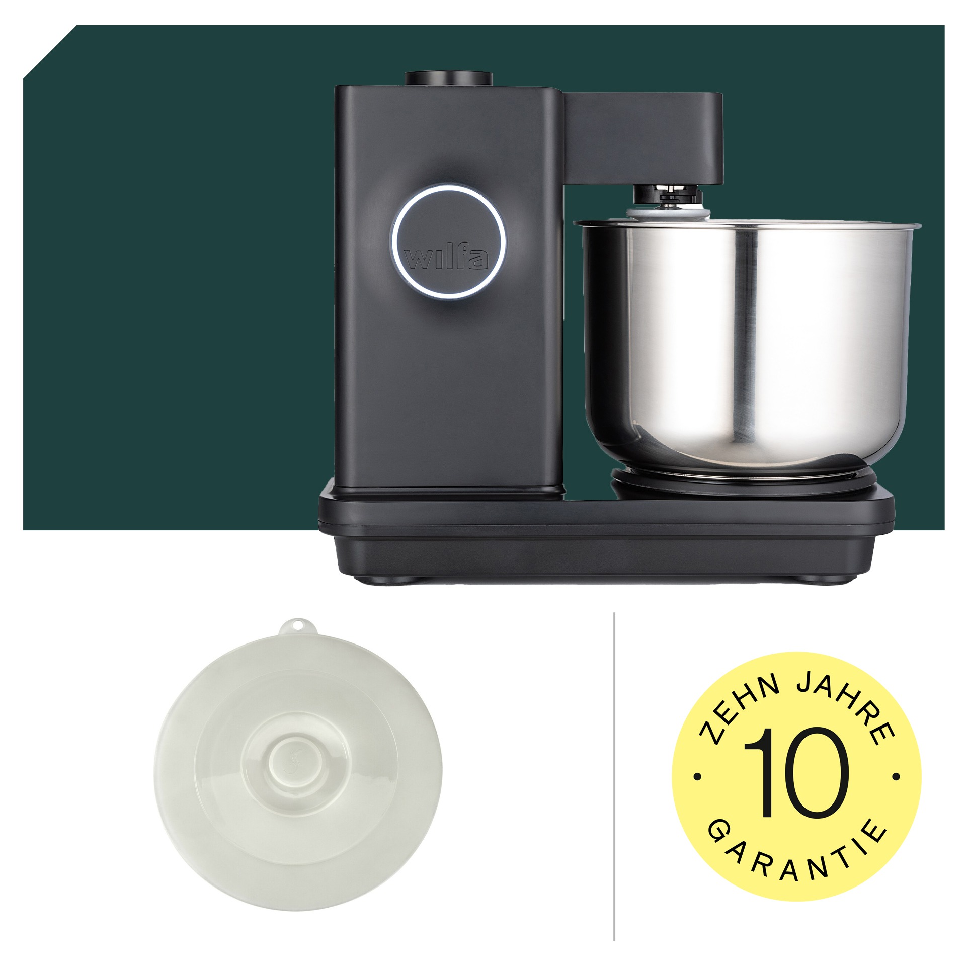 Schwarz Starter Paket Küchenmaschine von Wilfa mit Edelstahl-Schüssel und 5 Jahren Garantie. Ideal für vielseitige Koch- und Backanwendungen.