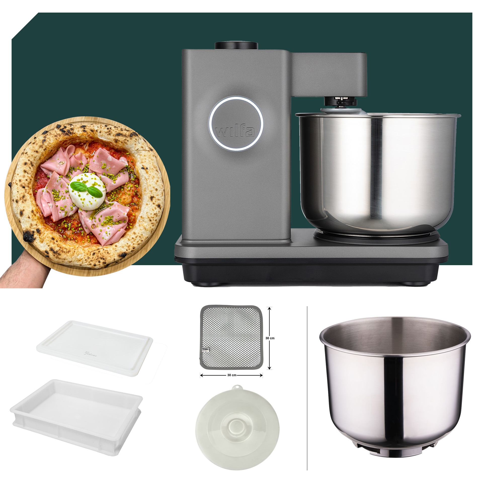 Wilfa Probaker TIMER KM2GY-T70 Küchenmaschine in Schwarz, ideal für Pizza, mit 5 Jahren Garantie und passendem Zubehör.