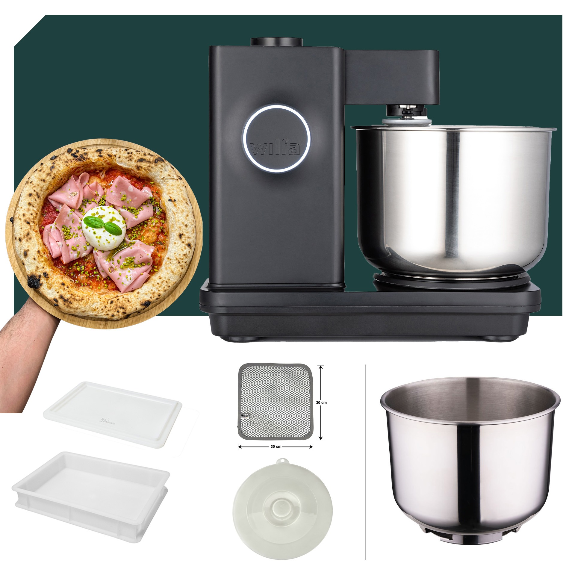 Küchenmaschine Wilfa Probaker TIMER KM2B-T70 in Schwarz mit 5 Jahren Garantie und Zubehör für Pizza-Zubereitung.