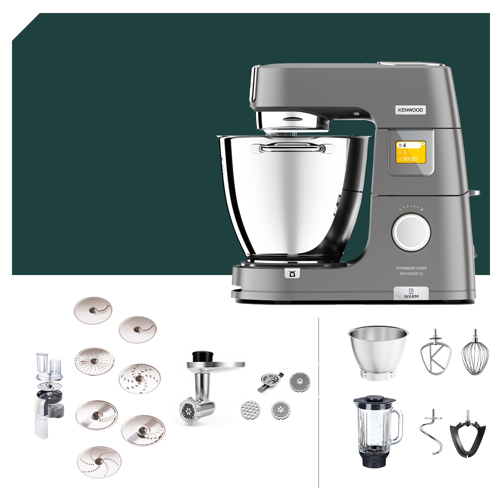 Kenwood Titanium Chef Patissier XL KWL 90 Küchenmaschine mit Profi-Paket und Zubehör, ideal für vielseitige Küchenanwendungen, deutsche Garantie.