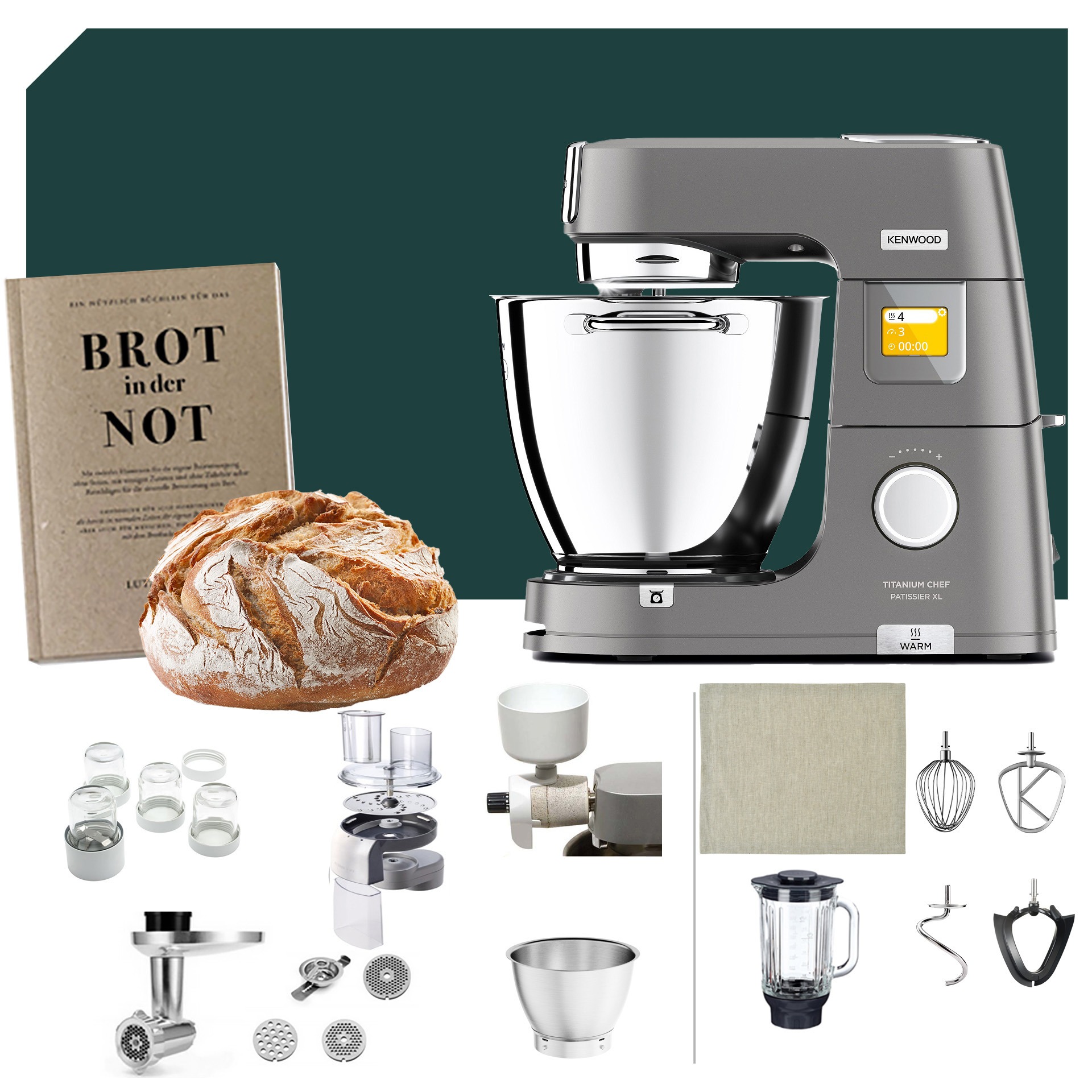 Kenwood Titanium Chef Patissier XL KWL 90 mit Brotback-Paket. Hochwertiges Zubehör für vielseitige Küchenanwendungen, inklusive deutscher Garantie.