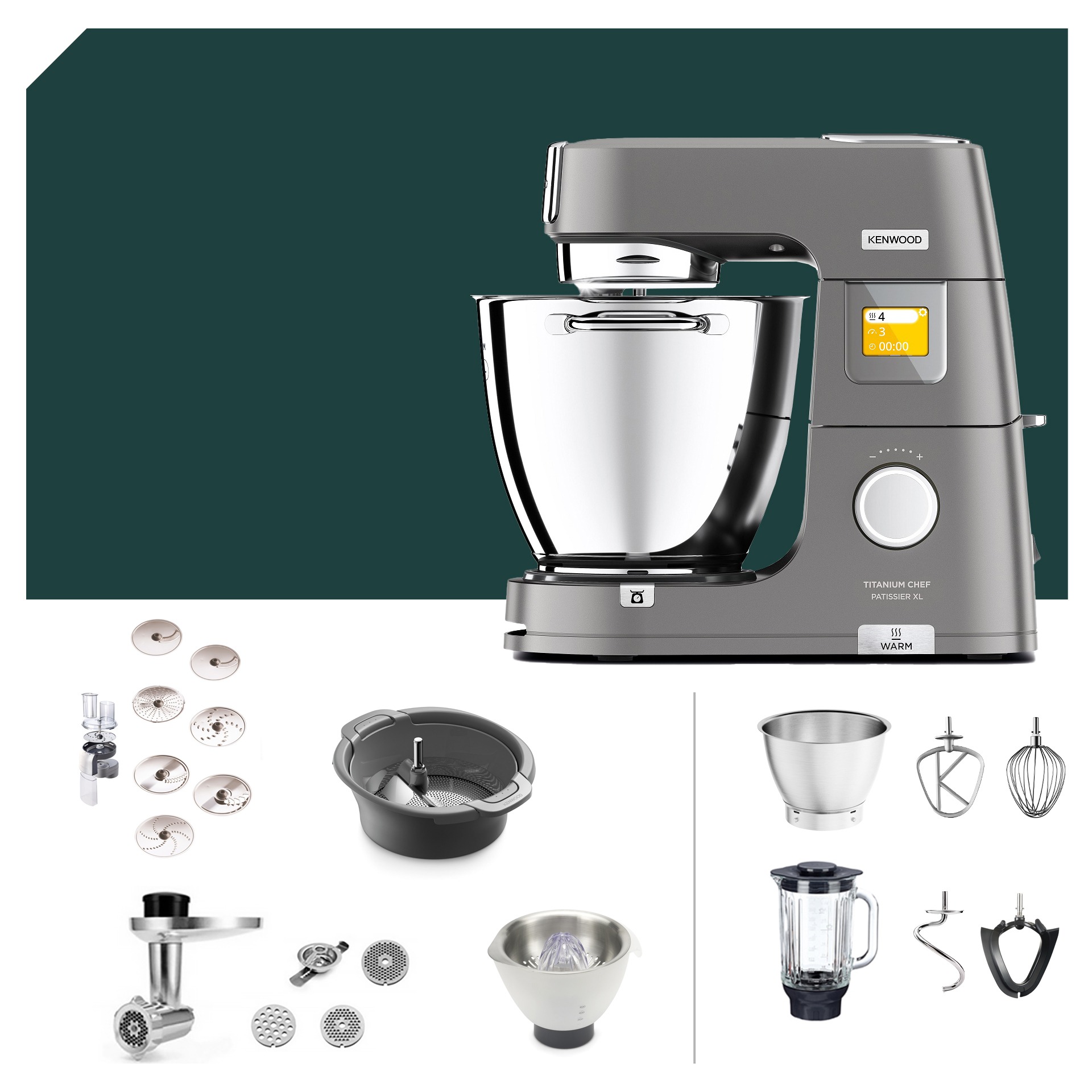 Kenwood Titanium Chef Patissier XL KWL 90 mit Passier Paket, Zubehör inklusive Küchenmaschine, Edelstahl-Schüssel, Mixaufsatz.