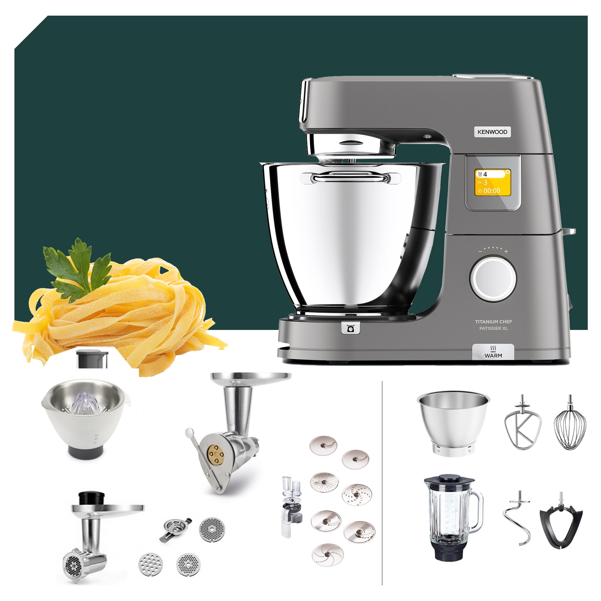 Kenwood Titanium Chef Patissier XL KWL 90: vielseitige Küchenmaschine mit umfangreichem Zubehör und deutscher Garantie. Perfekt für kreative Kochliebhaber.