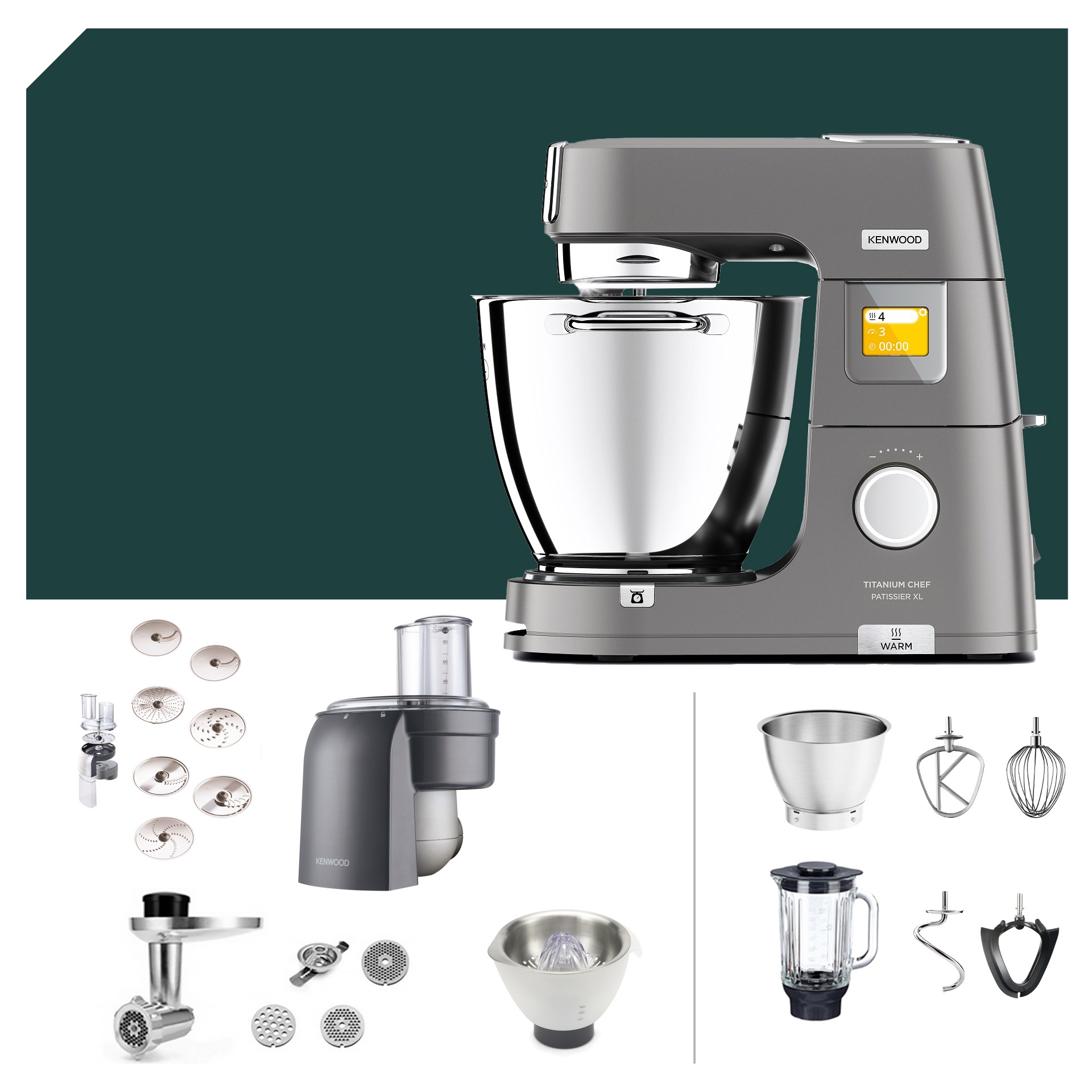Küchenmaschinen-Zubehör: Kenwood Titanium Chef Patissier XL KWL 90 mit Würfelschneider-Paket, deutscher Garantie und vielseitigem Zubehör.