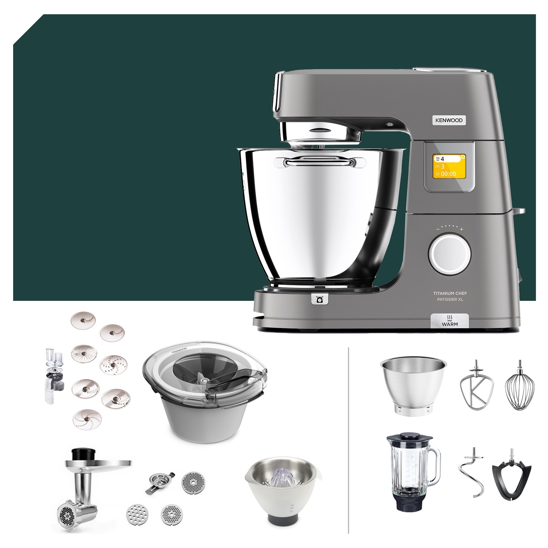 Sommer-Paket Kenwood Titanium Chef Patissier XL KWL 90: vielseitige Küchenmaschine mit Zubehör und deutscher Garantie. Perfekt für jede Küche.
