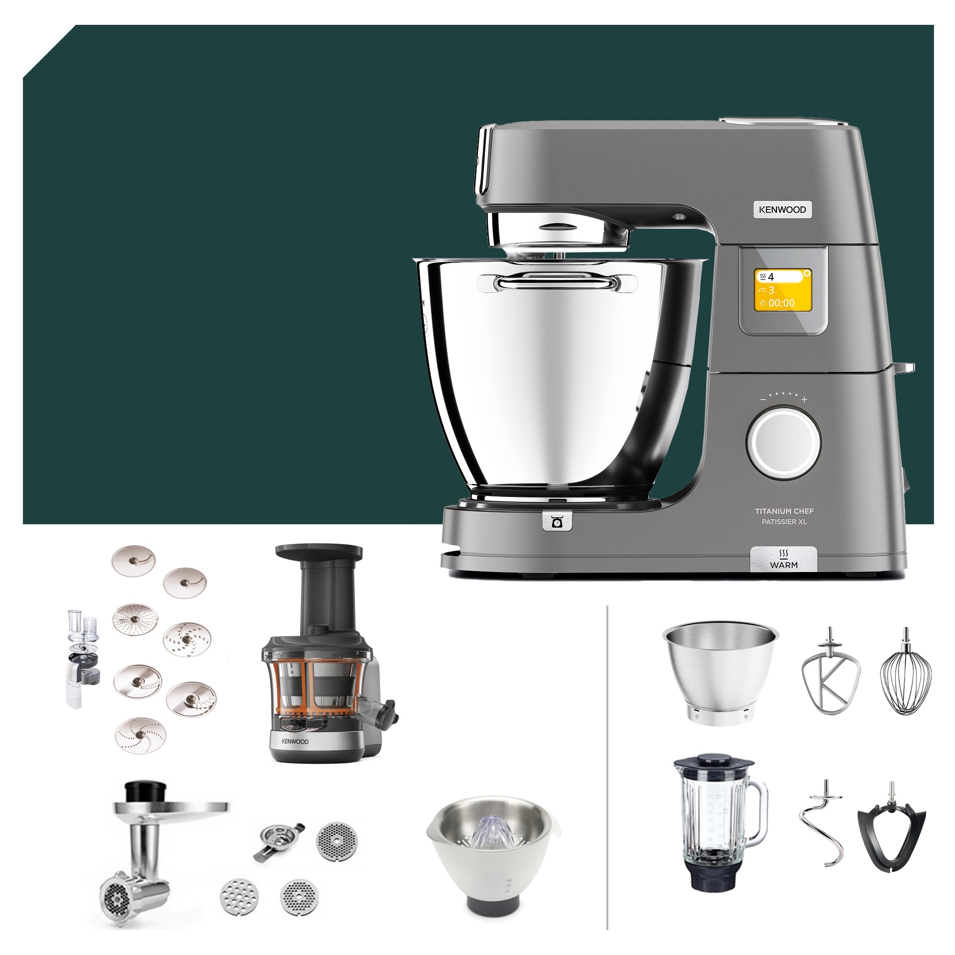 Kenwood Titanium Chef Patissier XL KWL 90: Leistungsstarke Küchenmaschine mit umfangreichem Zubehör. Deutsche Garantie inklusive.